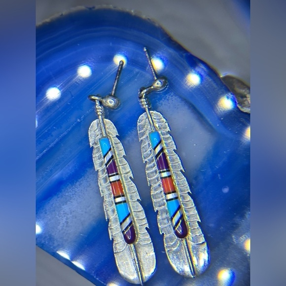Navajo Turquoise Earrings Stone Inlay By FY FRANK YAZZIE Signed Sterling 925 - Picture 5 of 12